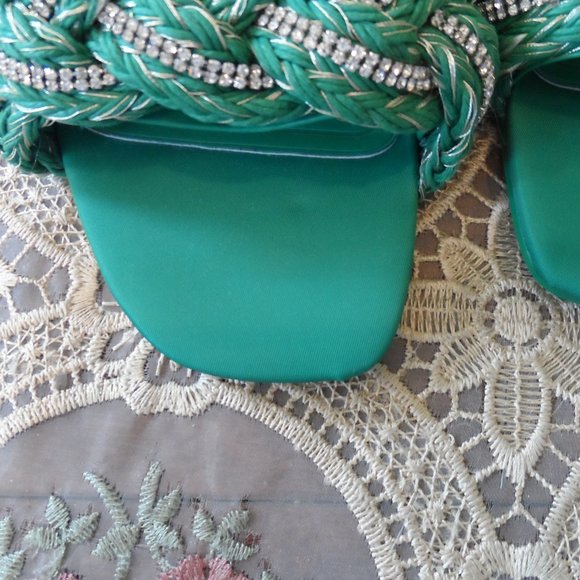 New Zara Green Woven Rhinestone Slip On Sandals Size 6M - Picture 7 of 14